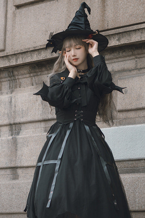 Black Lapel Collar Cat Eye Irregular Hem Gothic Lolita OP Dress - Product - 5