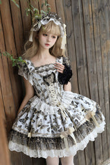 Cream [Golden Spirit • Dream Butterfly] Sleeveless Print Ruffle Bowknot Lace-Up Sweet Princess Lolita Jsk Dress Set - Product - 9