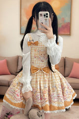 [Bear Cake] Sleeveless Print Bowknot Lace Doll-Style Sweet Lolita Suspender Dress 3 Colors - Yellow - 5