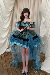 Blue/Green [Peacock Spirit Princess] Sleeveless Multi-Layered Ruffled Bow Lace-Up Classic Elegant Lolita Jsk Dress - Product - 6