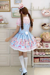 Blue/Pink [Cupid Bunny] Printed Sleeveless Bow Sweet Princess Lolita Strap Dress - Product - 9