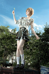 Green [Forest Guide] Square Collar Asymmetric Prince Ouji Lolita Set (Shorts + Shawl + Top) - Product - 6