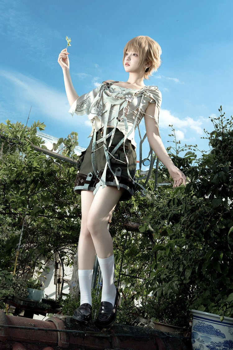 Green [Forest Guide] Square Collar Asymmetric Prince Ouji Lolita Set (Shorts + Shawl + Top) - Product - 6