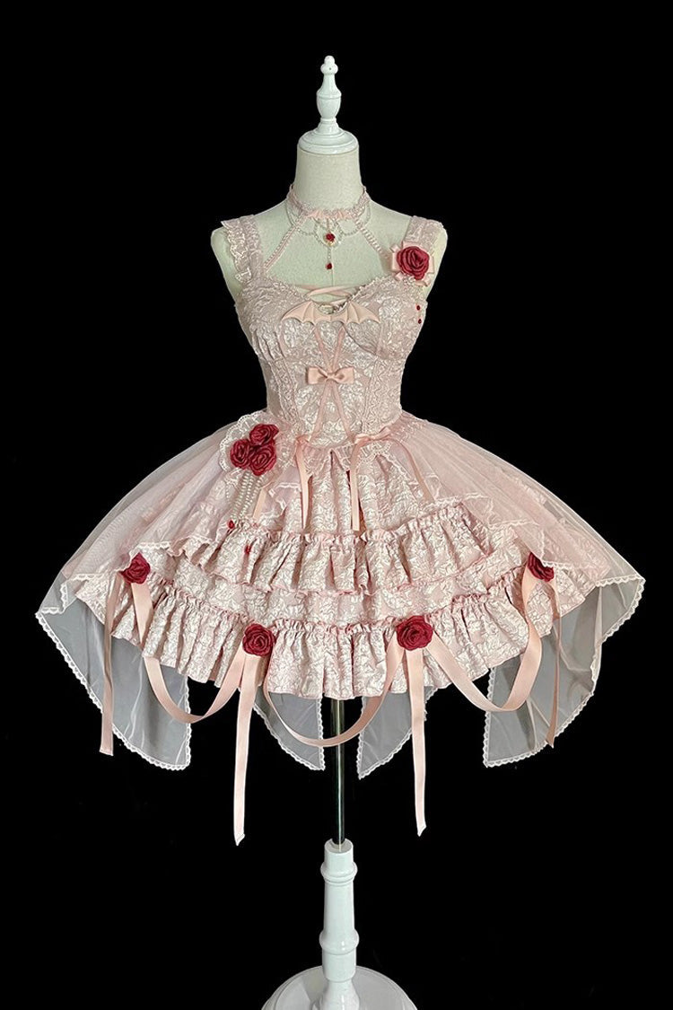 Pink Weeping Rose Double-Layered Ruffle Embroidery Bowknot Lace Sweet Ballet Lolita Skirt Set - Product - 7