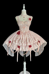 Pink Weeping Rose Double-Layered Ruffle Embroidery Bowknot Lace Sweet Ballet Lolita Skirt Set - Product - 7