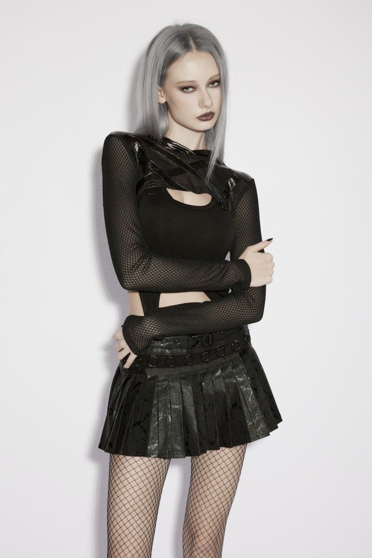 Black Hooded Sheer Mesh Eyelet Women's Punk Handsome Cloak - Product - 6