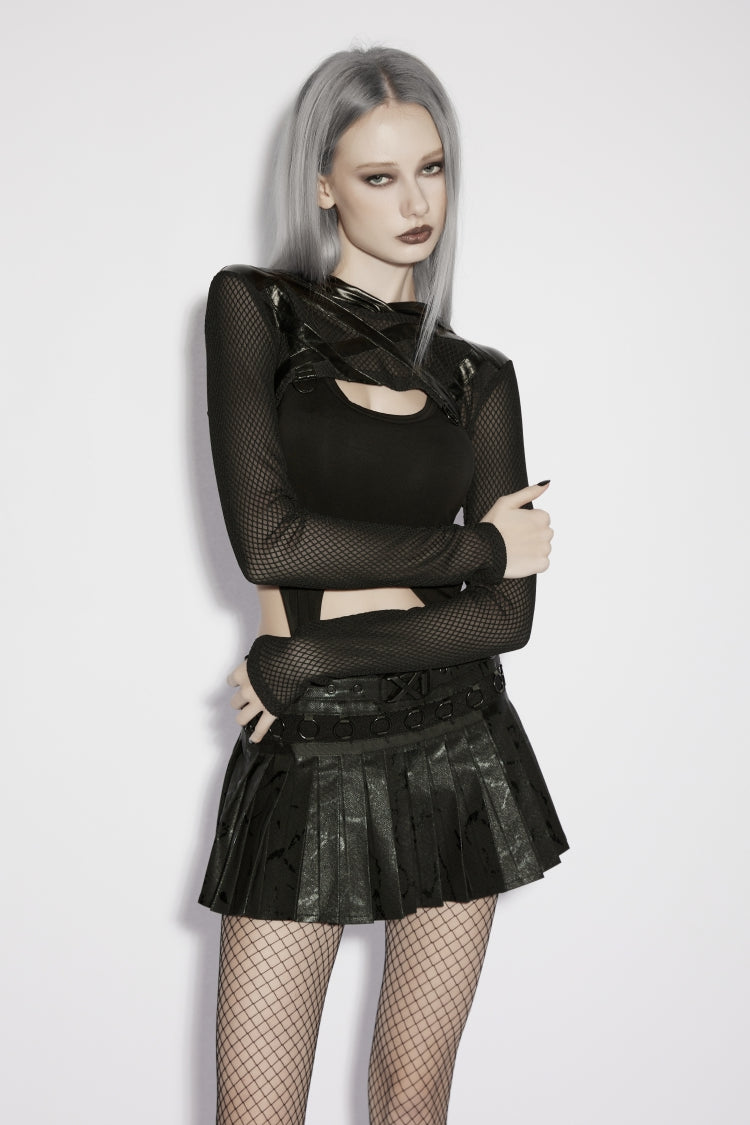 Black Hooded Sheer Mesh Eyelet Women's Punk Handsome Cloak - Product - 6