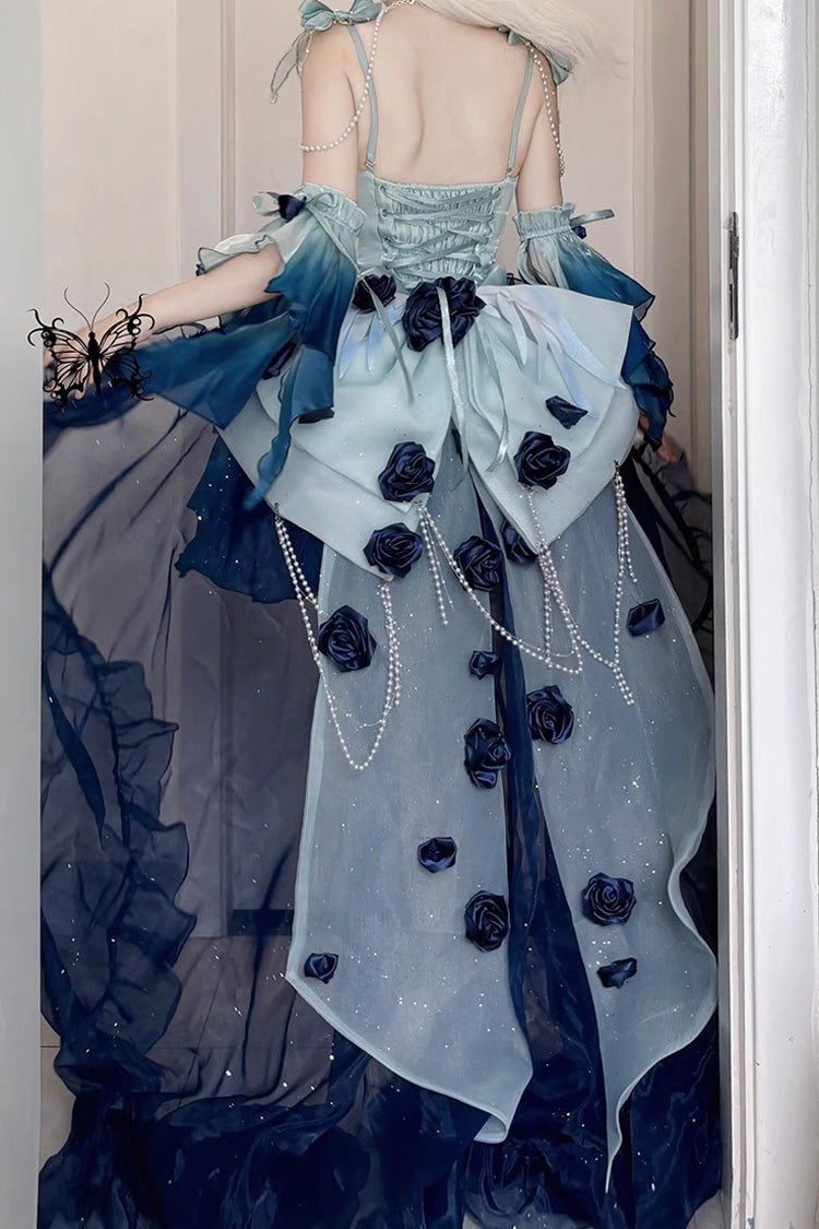 Undersea Blue [Swan Wonderland] Embroidery Bowknot Lace-Up Sweet Ballet Lolita Jsk Dress Short Version - Product - 4