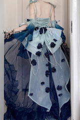 Undersea Blue [Swan Wonderland] Embroidery Bowknot Lace-Up Sweet Ballet Lolita Jsk Dress Short Version - Product - 4
