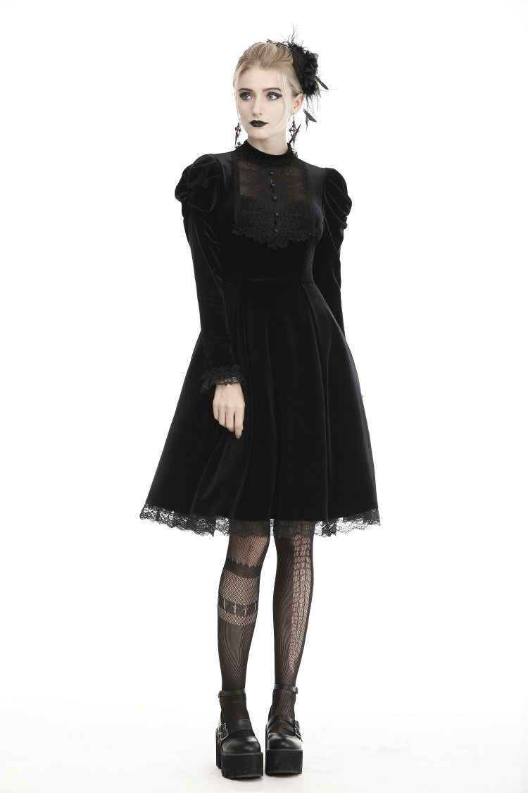 Black Lace Long Puff Sleeves Women's Gothic Velet Dress - Product - 8