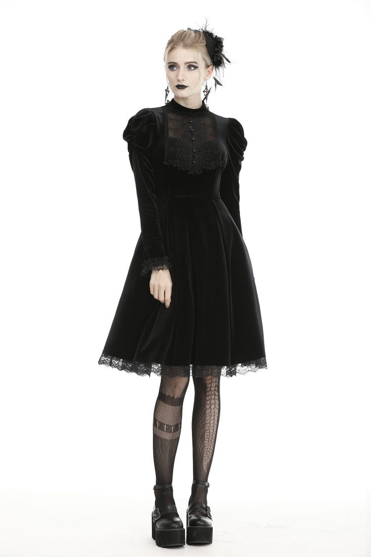 Black Lace Long Puff Sleeves Women's Gothic Velet Dress - Product - 8