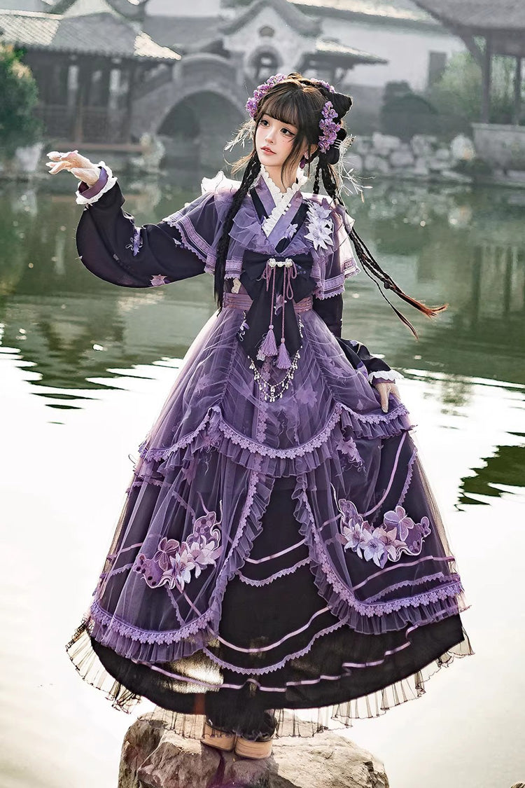 Purple [Violet Gauze Lily] Stand Collar Long Sleeves Ruffled Embroidered Bow Classic Chinese Style Elegant Gorgeous Lolita Dress Set - Product - 2