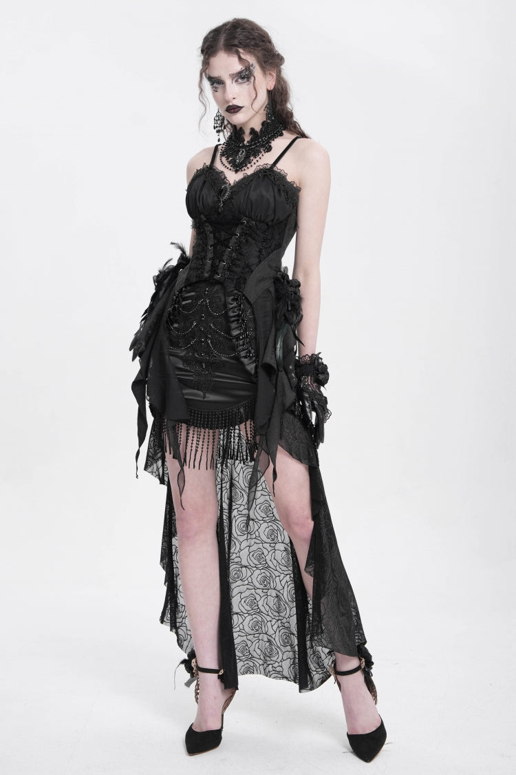 Black Embroidery Stitching Lace Mesh Women's Gothic Skirt With Train - Product - 7