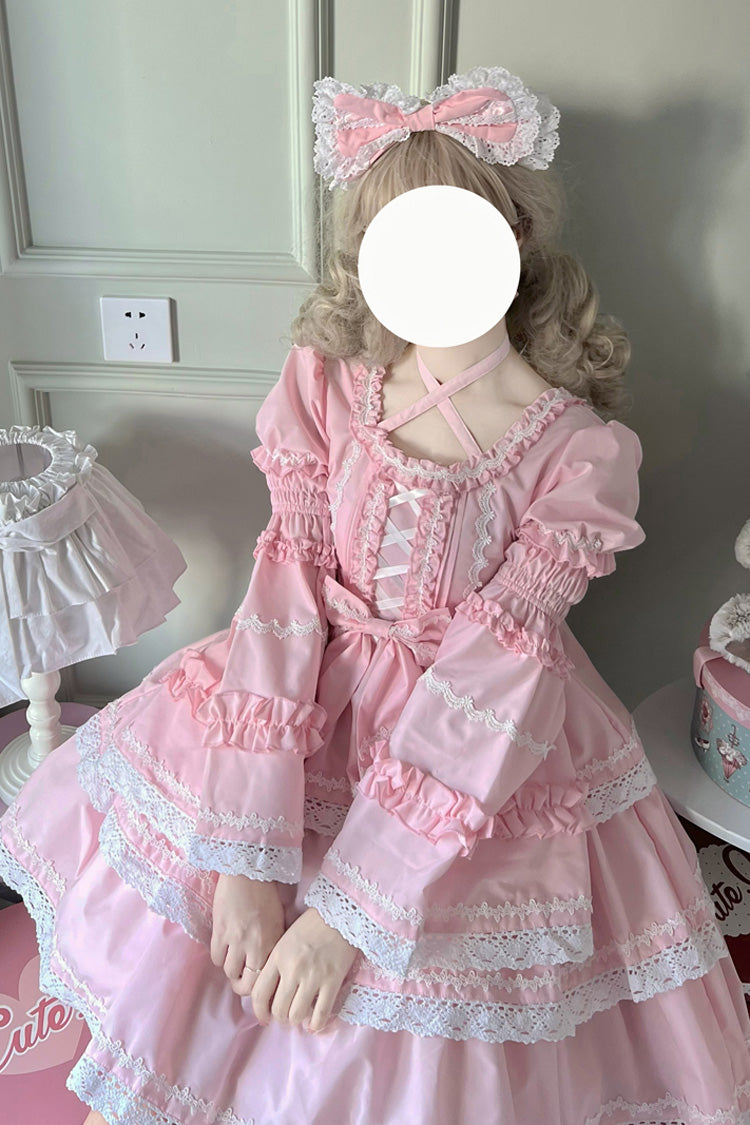 Pink Triple-Layered Detachable Sleeves Bowknot Lace-Up Sweet Lolita Dress - Product - 6