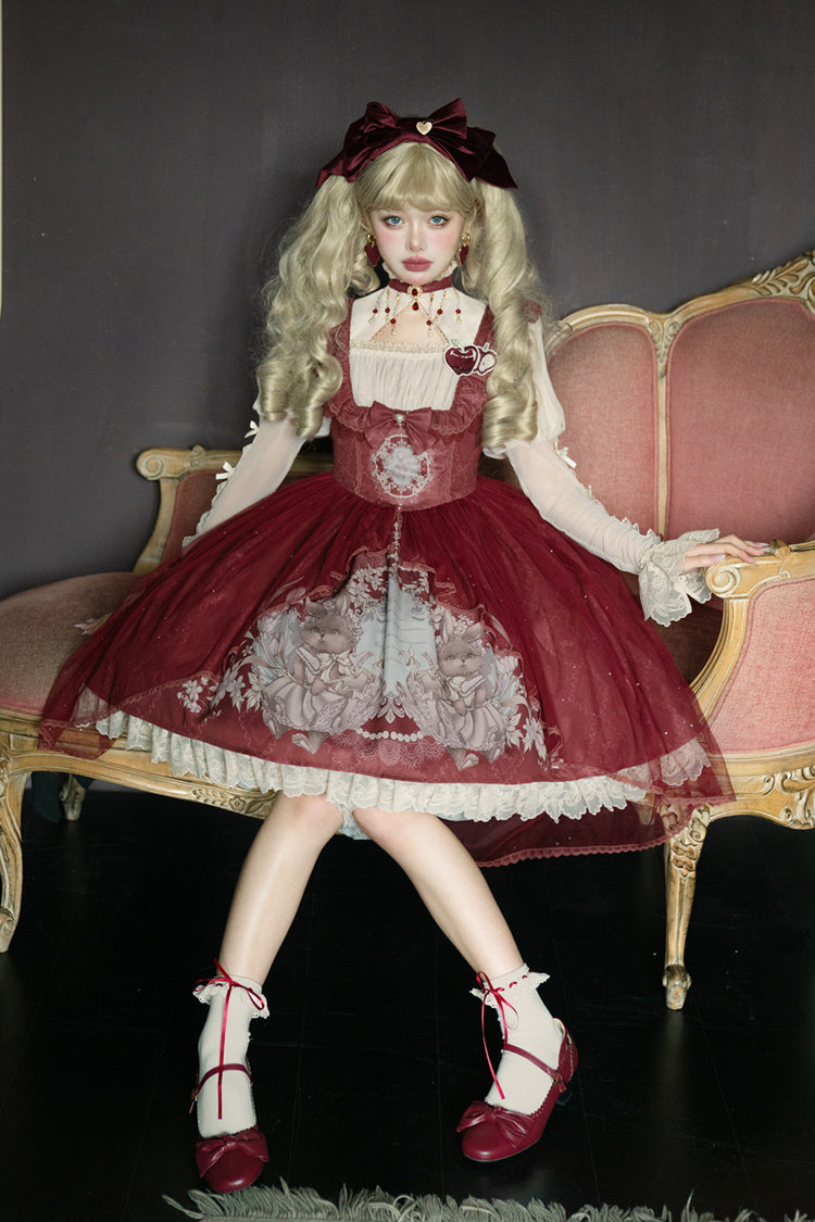 Red Bunny Tea Party Print Ruffle Bowknot Sweet Lolita Jsk Dress - Product - 3