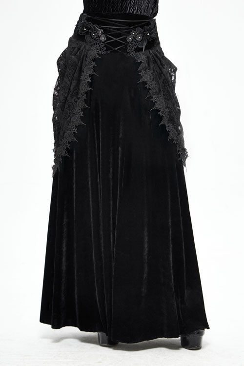 Black Velvet Cardigan Mid Waist Gothic Skirt - Black - 1