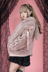 Pink Rabbit Ears Long Sleeves Bowknot Lace-Up Hooded Jirai Kei Coat - Product - 2