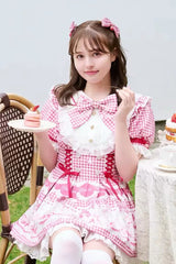 [Tea Party] Lapel Collar Short Sleeves Printed Bow Lace-Up Sweet Jirai Kei Plus Size Dress 3 Colors - Product - 6