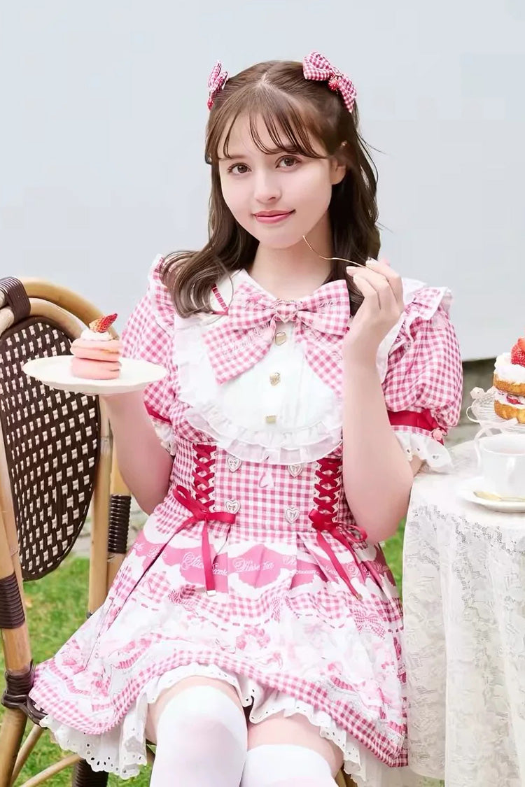 [Tea Party] Lapel Collar Short Sleeves Printed Bow Lace-Up Sweet Jirai Kei Plus Size Dress 3 Colors - Product - 6