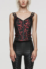Steampunk Sleeveless Jacquard Print Metal Buckle Strap Metal Zipper Hollow Lace-Up Women's Vest 4 Colors - Black/Red - 25