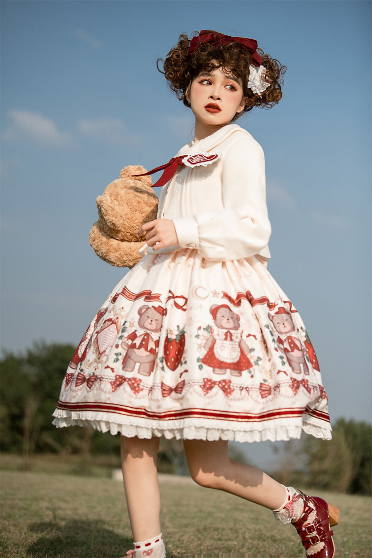 Ivory/Red Strawberry Bear Print Ruffle Bowknot Sweet Princess Lolita Jsk Dress - Product - 6