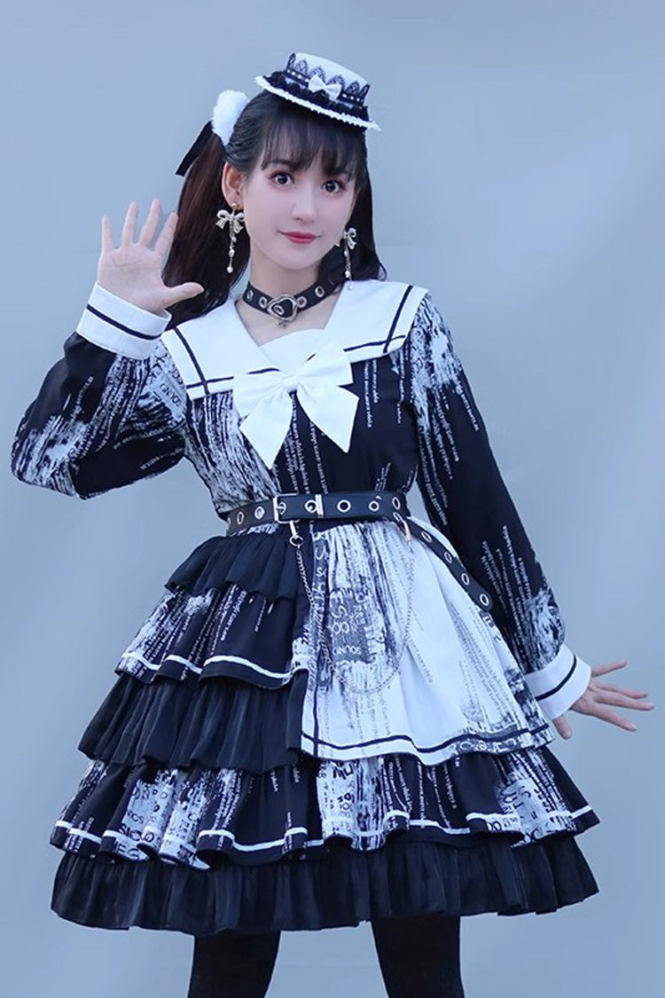 Black Short Sleeves Multi-Layered Print Ruffle Bowknot Asymmetric Punk College Style Lolita Dress - Product - 3