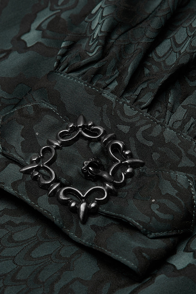 Jacquard Long Sleeve Front Metal Eyelets Lace Up Metal Carving Buckle Cuff Men's Gothic Shirt 3 Colors - Product - 20