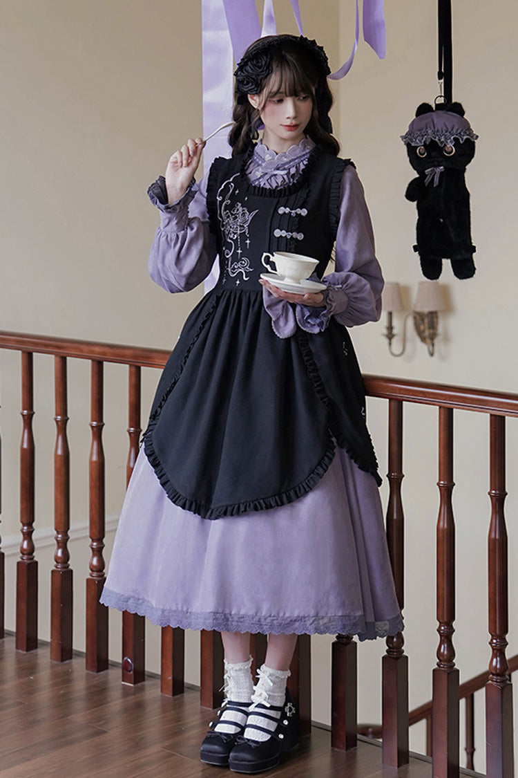 Black/Purple Petal Collar Drawstring Long Sleeves Embroidery Sweet Chinese Style Lolita Dress Two-piece Set - Product - 6
