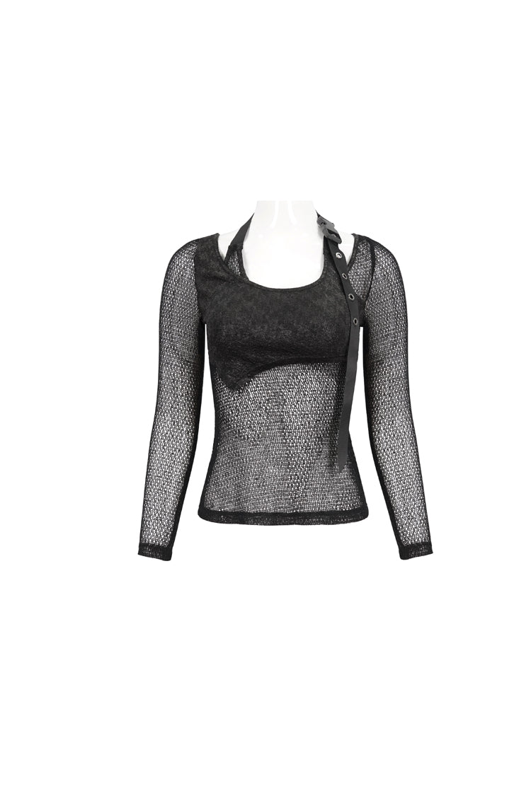 Black Wool Shoulder Loop Adjustable Asymmetric Wrapped Women's Punk T-Shirt - Product - 7