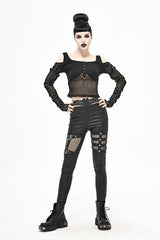 Black Sexy Mesh Spliced Off The Shoulder Long Sleeves Women Punk T-Shirt - Product - 6
