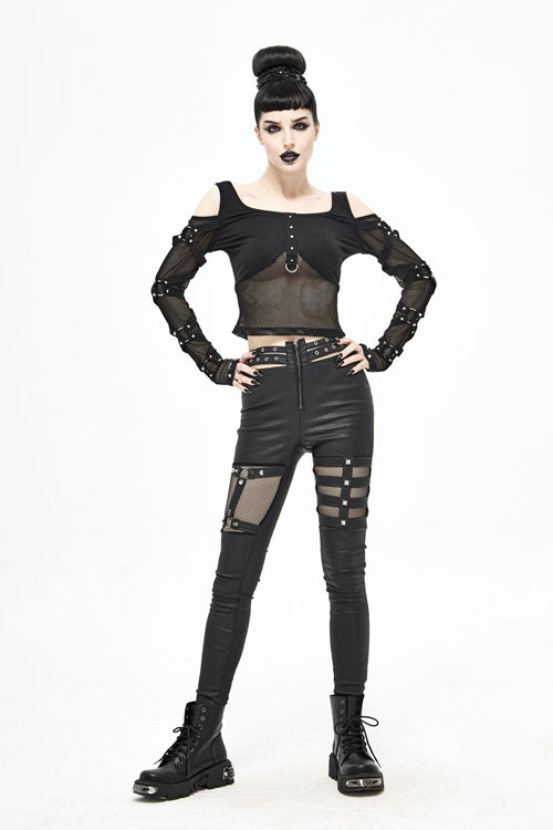 Black Sexy Mesh Spliced Off The Shoulder Long Sleeves Women Punk T-Shirt - Product - 6