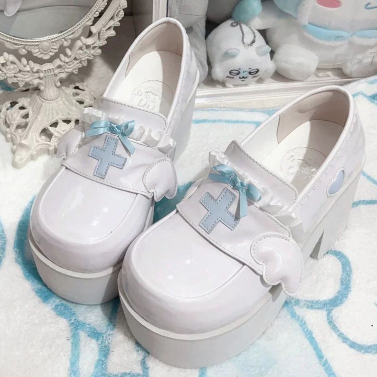 Medical Series Bowknot Ribbon Ruffled Round Toe Sweet Lolita Platform Shoes 4 Colors - Aqua - 1