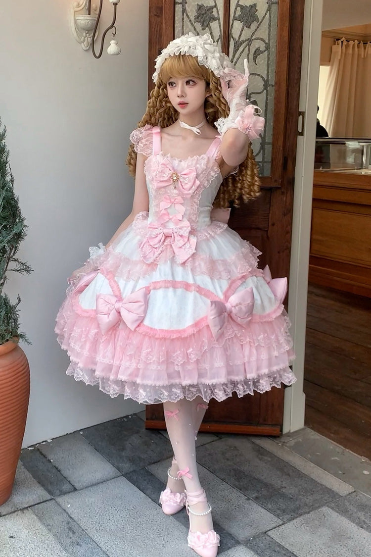 White/Pink [Flower Dream Isle] Square Collar Multi-Layered Ruffled Bow Lace Sweet Lolita Jsk Dress - Product - 2