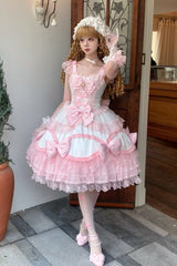 White/Pink [Flower Dream Isle] Square Collar Multi-Layered Ruffled Bow Lace Sweet Lolita Jsk Dress - Product - 2