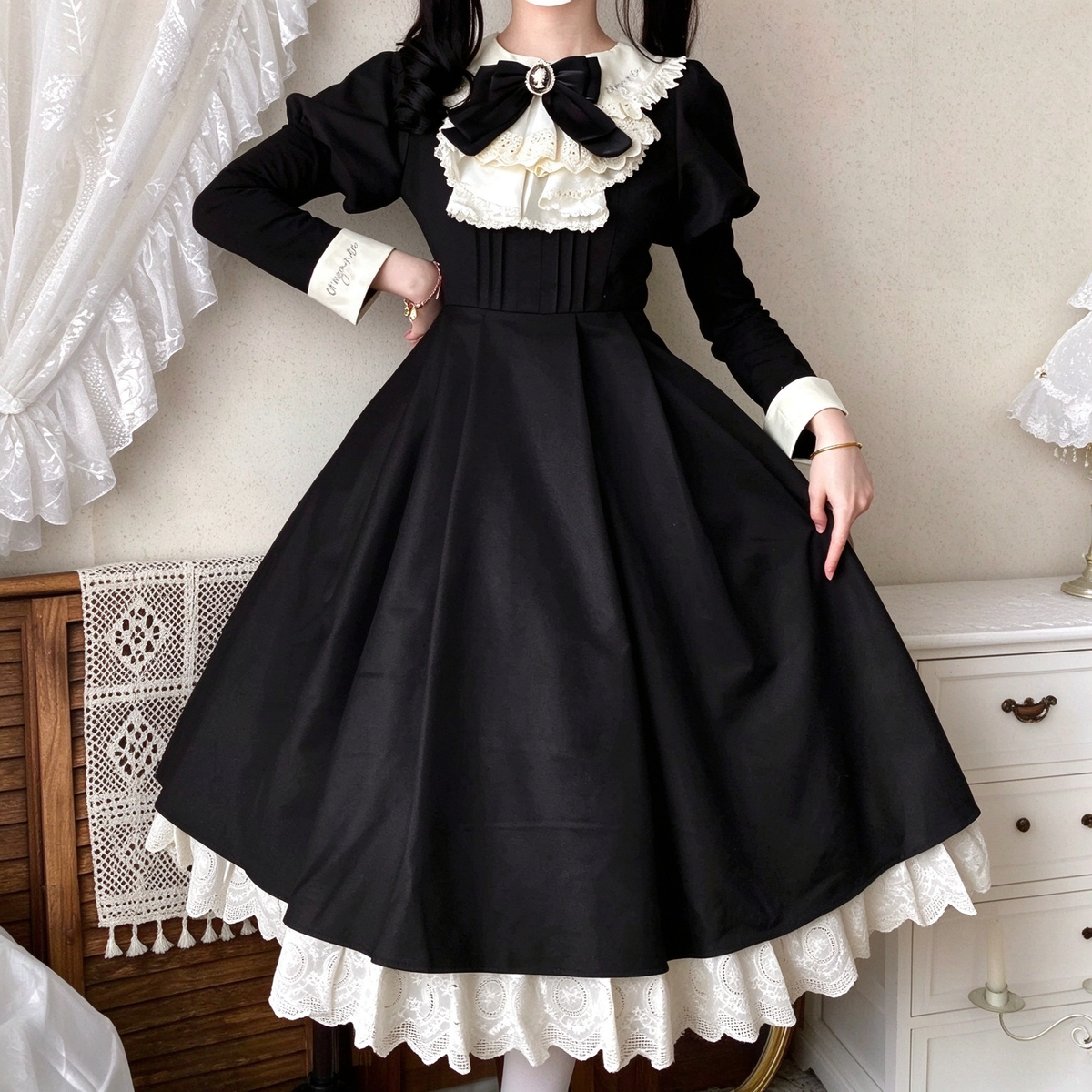 Black and Cream Ruffled Maid Lolita Dress with Apron Bow Accent - view 5