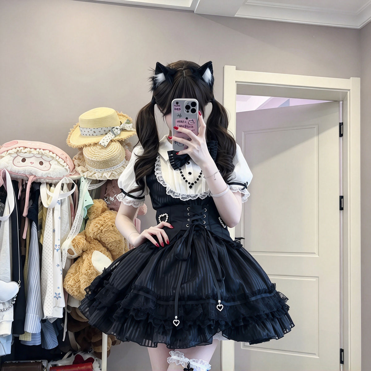 Black and White Striped Ruffled Maid Lolita Dress with Vest Bow Accent - view 5