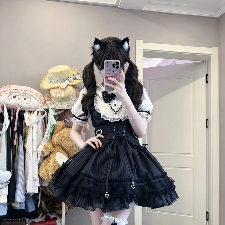 Black and White Striped Ruffled Maid Lolita Dress with Vest Bow Accent - view 5