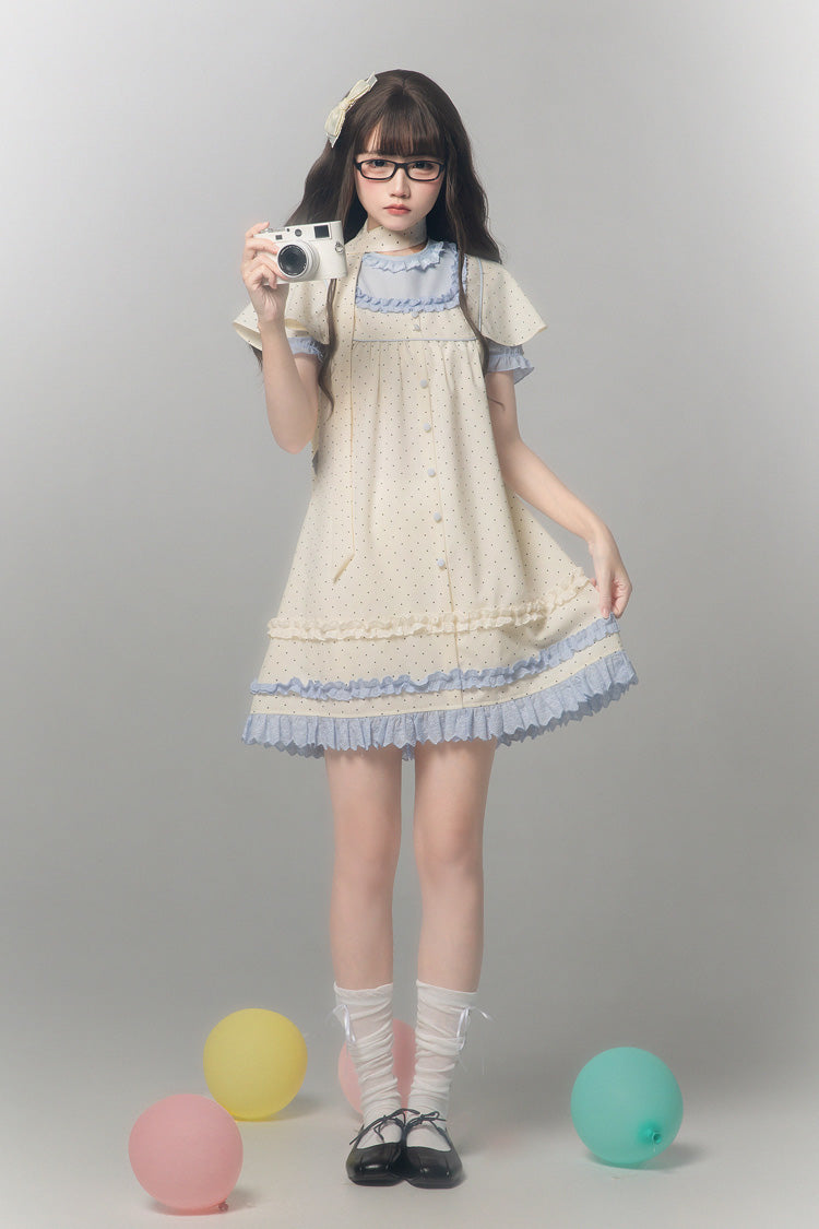 Aqua [Polka Dot Bouclé] Round Collar Long Sleeves Printed Ruffled Faux Two-Piece Sweet Japanese Lolita Dress - Product - 5