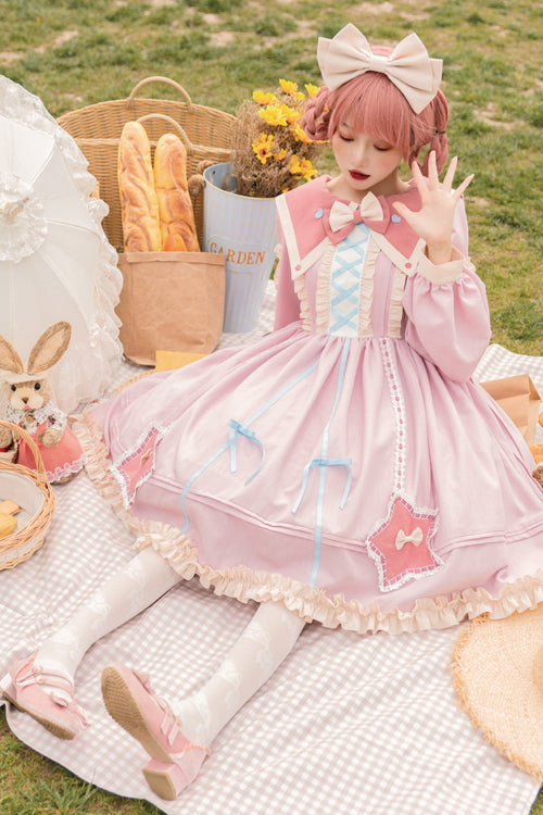Round Collar Chiffon Ruffled Lantern Sleeves Pentagram Embroidered High Waisted Sweet Lolita OP Dress - Product - 6