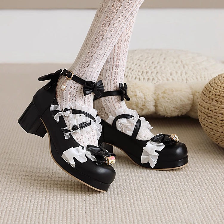 Sweet Stitching Lace Princess Lolita High Heels 4 Colors - Black - 3