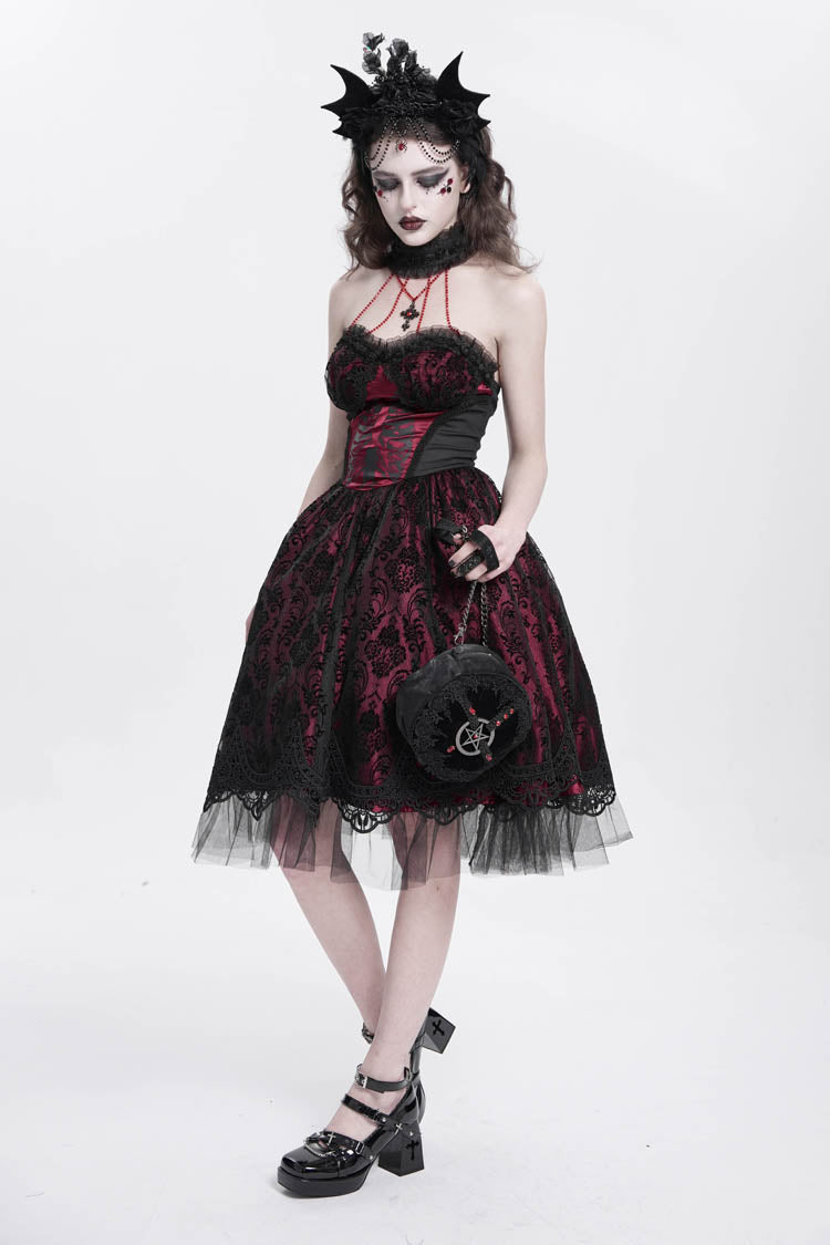 Red Halterneck Skeleton Print Embroidery Stitching Lace Women's Gothic Dress - Product - 4