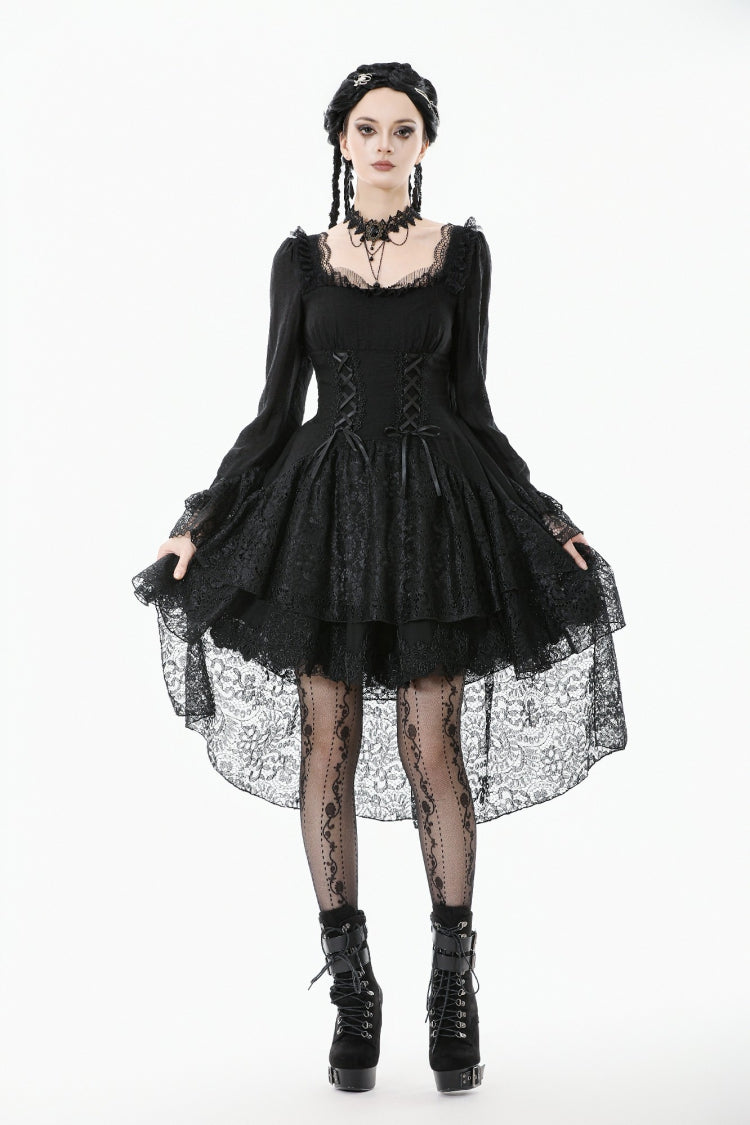 Black Square Collar Long Trumpet Sleeves Lace Lace-Up Multi-Layered High-Low Women's Gothic Dress - Black - 1