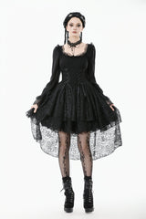 Black Square Collar Long Trumpet Sleeves Lace Lace-Up Multi-Layered High-Low Women's Gothic Dress - Black - 1