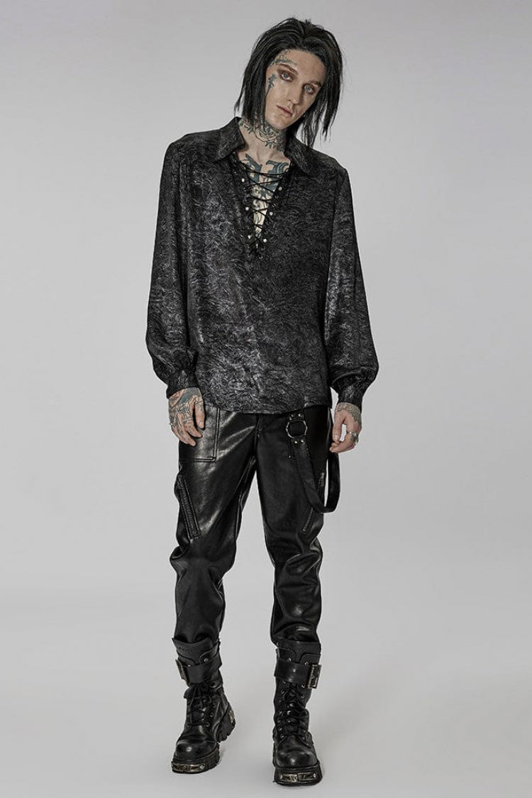 Black/Silver Stand Collar Long Puff Sleeves Print Lace-Up Metal Decoration Mens Gothic Blouse - Product - 4