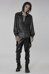 Black/Silver Stand Collar Long Puff Sleeves Print Lace-Up Metal Decoration Mens Gothic Blouse - Product - 4