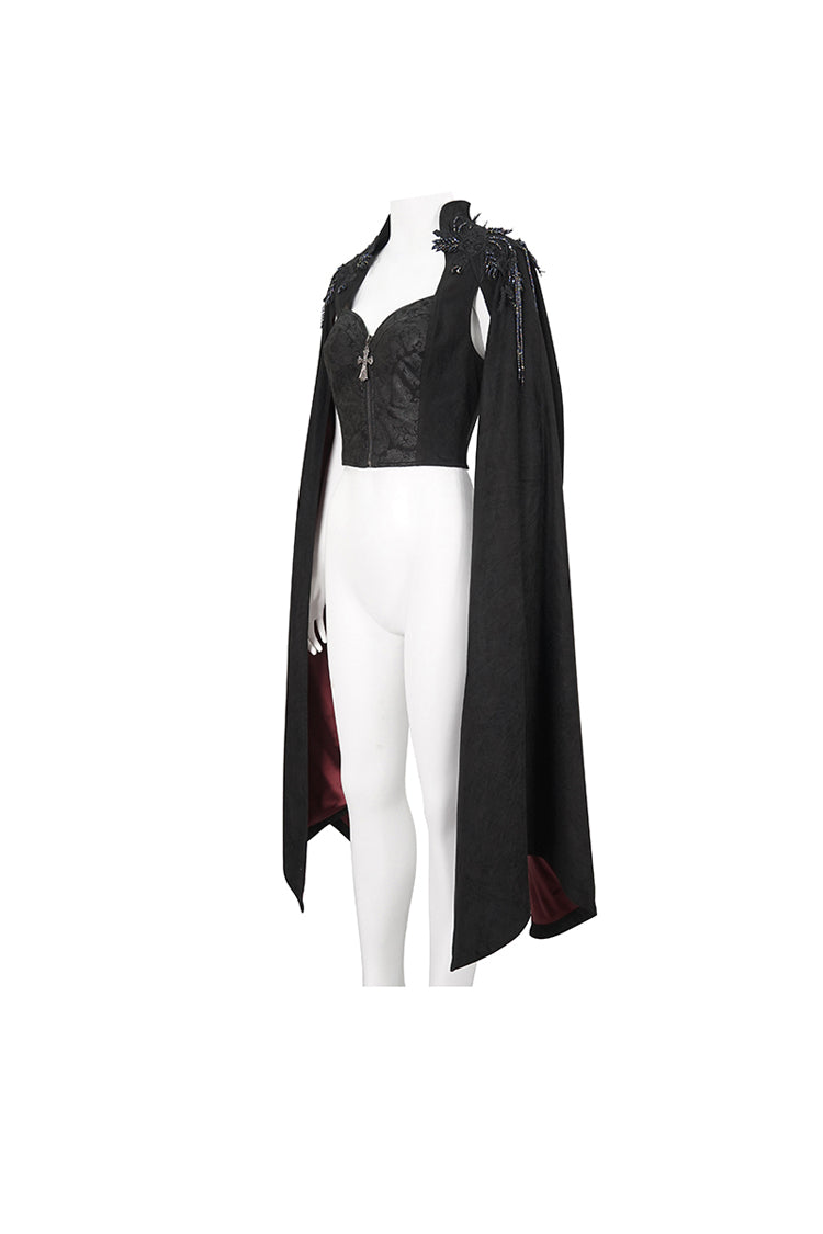 Black Stand Collar Floral Embroidered Women's Gothic Shirt Cloak - Product - 10