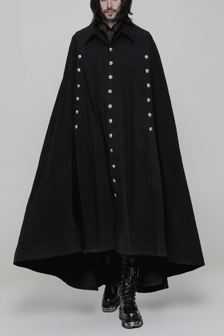 Black Long Sleeve Front Metal Button Slit Irregular Hem Weave Woven Men's Gothic Cloak - Black - 1