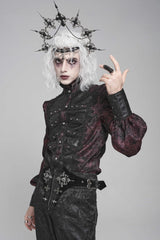 Black/Red Stand Collar Long Lantern Sleeves Floral Print Embroidery Men's Gothic Blouse - Product - 6