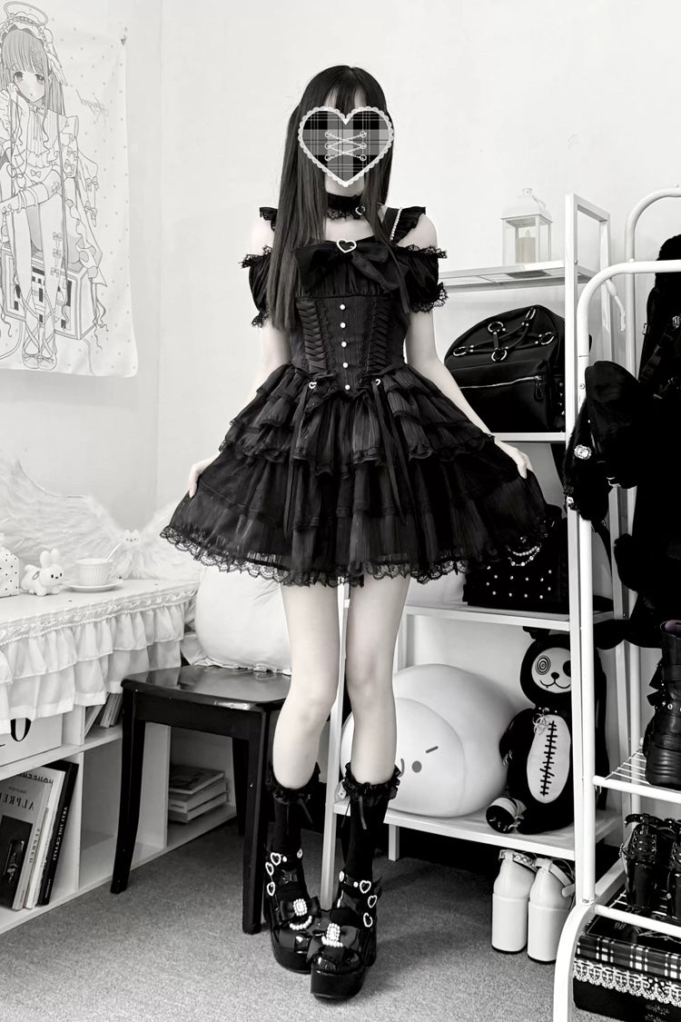Black [Pearl Nocturne] Square Collar Flutter Sleeves Multi-Layered Printed Ruffled Bow Lace Gothic Japanese Lolita Dress - Product - 4