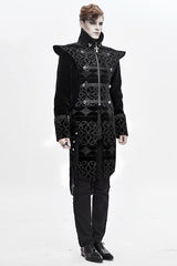 Black High Collar Chinese Palace Floral Pattern Velvet Long Mens Gothic Coat - Product - 2